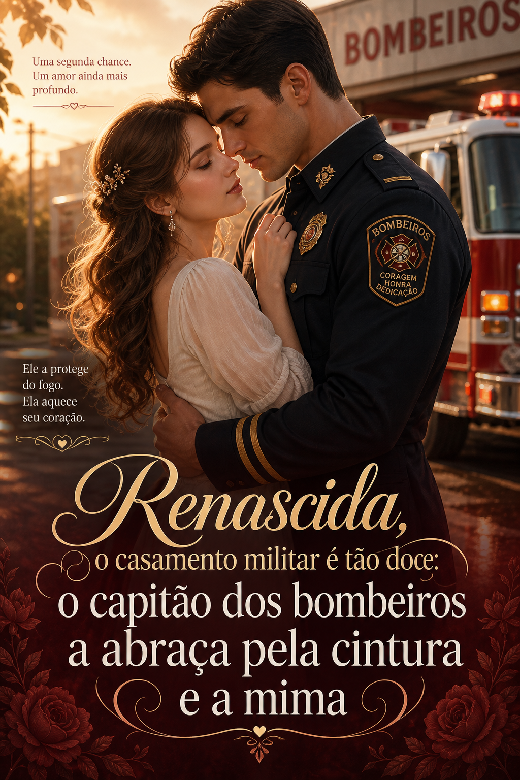 Renascida, o casamento militar é tão doce: o capitão dos bombeiros a abraça pela cintura e a mima